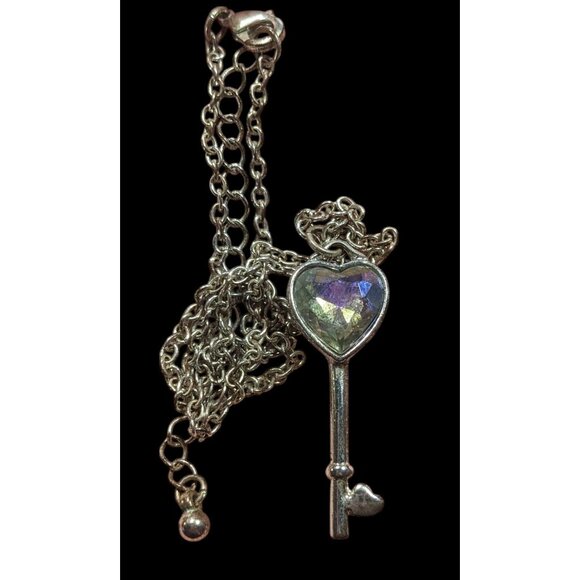 Fantasy Steampunk Heart Gemmed Key Silver Tone Pendant Necklace - Picture 3 of 6